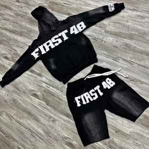 Conjunto de pantalones cortos con capucha Vintage lavado ácido de alta calidad para hombre, chándal con estampado Digital y logotipo personalizado, ropa de calle de verano 100% de algodón - Product Image 6