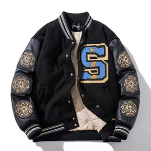 Men's Winter Woolen Design Varsity <b>Jacket</b> Thick Leather Sleeves Warm Baseball <b>Parka</b> Coat Stand Hip Hop Style Canvas Patchwork - Product Image 1