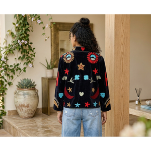 Serpente Suzani Hand-Embroidered <b>Reversible</b> <b>Jacket</b> Satin Leather Outerwear Linen Nylon Cotton Polyester Boho for Spring Autumn - Product Image 2