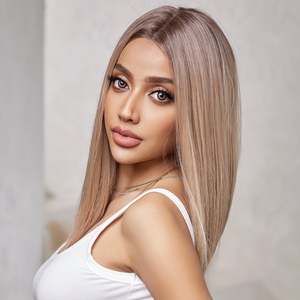 DWY 16 Inch Light Pink <b>Brown</b> Short Straight <b>Wig</b> with Transparent Lace Front - Product Image 2