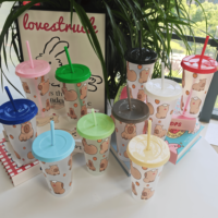 Gobelet en plastique transparent de 24 oz avec couvercle, réutilisable, pour café glacé, imprimé animaux mignons, vaisselle de voyage, vente en gros personnalisée