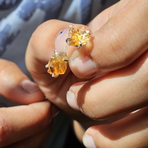 Vintage Style <b>Silver</b> <b>Stud</b> Earrings with Citrine Rough Gemstone Lightweight for Engagement Wedding Anniversary or Gift - Product Image 3