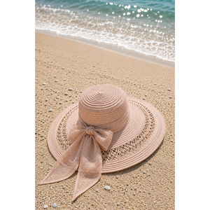 Powder Pink <b>Floppy</b> Panama <b>Hat</b> with Openwork Bow Wide Brim and Printed Pattern Made of Natural Grass Paper for Parties - Product Image 2