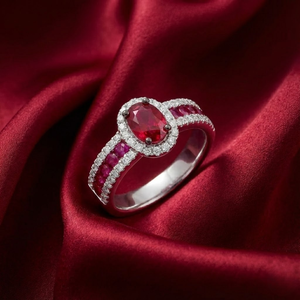 Bague Halo en Or Blanc 18 carats avec Rubis Naturel et Diamants, Taille Ovale, Sertissage à Griffes, pour Femme, Fiançailles, Mariage, Cadeau, Bijoux Fins - Product Image 1