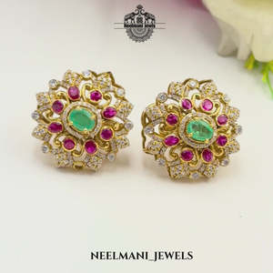 Vintage Trendy Pink Zircon Stone <b>Earrings</b> Green Studs Stainless Steel Brass Jewelry Bezel Setting Flower Pattern for Wedding - Product Image 5