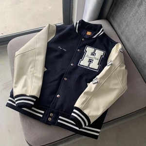 คอลเลคชั่นฤดูหนาวใหม่แจ็คเก็ตเบสบอลมีตัวอักษร H เสื้อโค้ทผู้หญิงขนาดใหญ่เสื้อโค้ทหนังแขนสีน้ำเงินเข้ม - Product Image 2