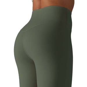 Pantalon d'entraînement taille haute bout à bout sans couture Gym Yoga Leggings XL couleur unie Spandex croisé taille léger lavé - Product Image 6
