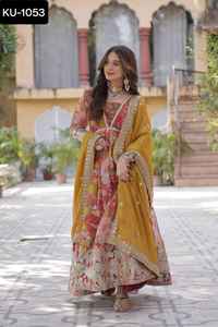 Vêtements ethniques indiens soie russe imprimée numérique avec broderie d'aluminium Zari paillettes travail Anarkali robes à manches longues pour les femmes - Product Image 2