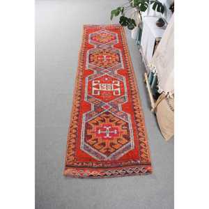 Vintage <b>Runner</b> Rug 2.8x10.6 ft, <b>Red</b> Moroccan Turkish Wool Rug - Product Image 1