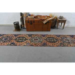Turkish Vintage Patchwork Rug 2x12.2 ft (61x372 Cm) <b>Brown</b> Bordered <b>Wool</b> with Latex Backing Eco-Friendly - Product Image 3