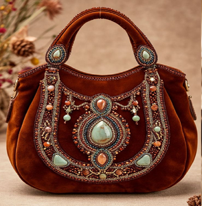 Luxurious pearl-handled <b>satchel</b> with vintage tapestry patterns. Regal charm. Available at wholesale prices - Product Image 2