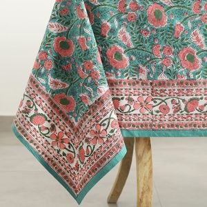 Nappe en coton imprimé bloc à main de luxe ensemble lin fleuri vert rose pour les fêtes de mariage indien technique faite à la main - Product Image 4