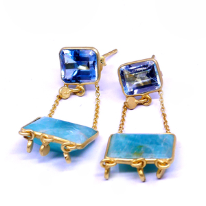 Boucles d'oreilles classiques faites à la main en argent sterling 925 plaqué or avec amazonite et topaze bleue pour femmes - Product Image 3