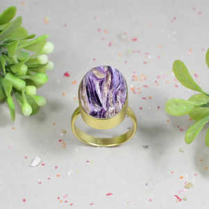 Anillo de declaración bonito y delicado de Plata de Ley 92,5 certificado IGI platino Charoite piedra preciosa cojín corte patrón geométrico certificado - Product Image 2