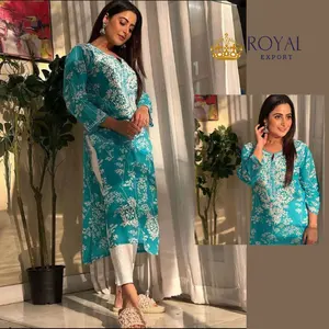 Dernière vente chaude Chikankari fil blanc travail avec broderie à la main coupe droite Kurti Collection par Royal Export