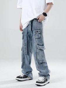 กางเกงยีนส์ขาตรงหลายกระเป๋าสำหรับผู้ชาย, กางเกงยีนส์สไตล์สตรีทย้อนยุคดีไซน์ฮิปฮอปขนาดใหญ่พิเศษตามสั่ง - Product Image 5