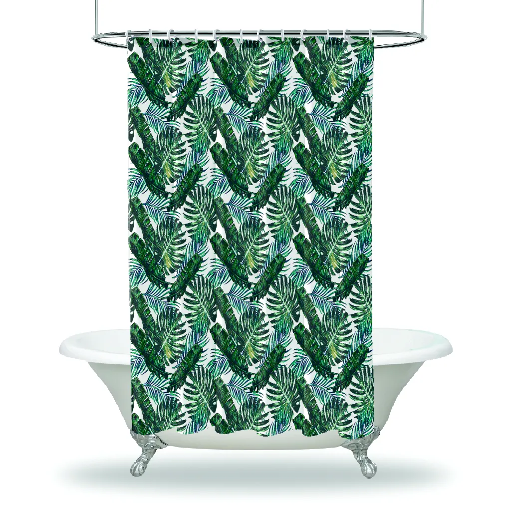 Tropical Printed Bathroom Shower Curtain / Waterproof Fabric - Buttonhole Shower Curtain- Palm Tree Leaves Jungle Foliage Nature