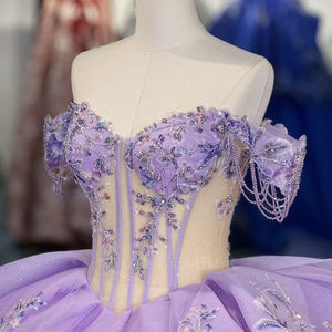 Vestido de Quinceañera de Tul Lila con Borlas y Escote Corazón, Estilo Imperio, Largo hasta el Suelo, con Estampado y Bordado, Antiestático, Modelo 6932 Popular - Product Image 5