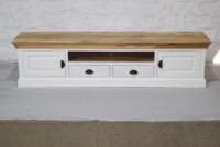 Meuble TV artisanal en bois de manguier écologique, design moderne, plateau en bois naturel, base peinte en blanc, poignées en métal noir, 65 pouces, pour salon