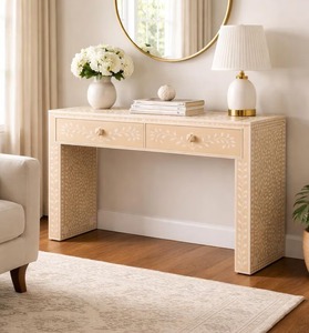 Table console en os incrusté fait main avec tiroirs – Table en os incrusté à motif floral - Product Image 1