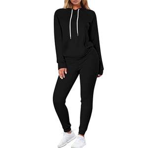 Conjunto de dos piezas transpirable de Invierno para mujer, jersey de manga larga con capucha y pantalones de chándal para correr, conjunto de chándal de salón tejido - Product Image 1