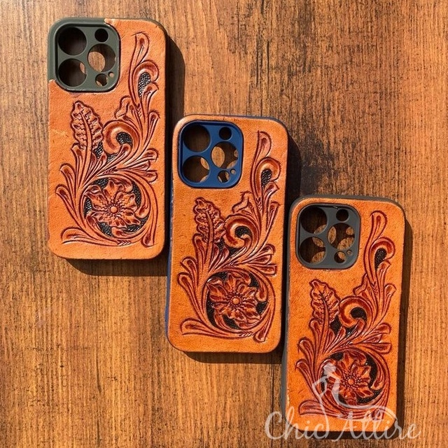New Arrival Stylish Hand Tooled Leather Phone Case Personalized Vintage Luxury High Quality Phone 14 Pro/15 Pro Mobile Covers