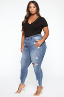 Jean en denim déchiré taille haute pour femme, coupe skinny, longueur intégrale, effet usé, en coton extensible, décontracté