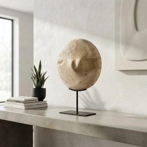 Handcrafted wooden bubu stand sculpture rustic teak carved round disk statue metal base accent decor unit display <b>art</b> <b>object</b> now - Product Image 5