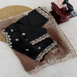 Sari VASTRA COTTAGE Fendy de seda con bordado de hilo, diseño de diseñador, para fiestas, bodas, sari étnico con blusa de seda mono benglori - Product Image 2