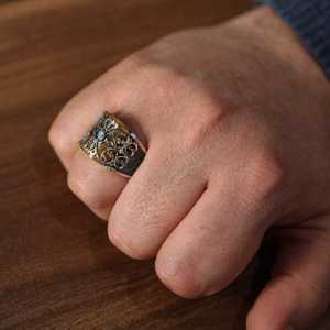 925 Sterling Silver Men's <b>Ring</b> with Yellow Pressed Amber Stone and Handcrafted Pen Design Bezel Setting Inlay Everyday Wear - Product Image 1