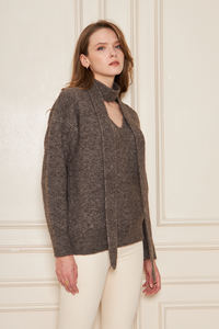 Conjunto de suéter y bufanda de punto oversize con cuello en V para mujer – Elegante y casual, mezcla de lana, ajuste holgado, conjunto de dos piezas para invierno - Product Image 6