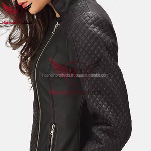 Chaqueta de cuero genuino negro para mujer, estilo motero, con cuello alto, acolchado de diamantes, abrigo de piel de oveja, bolsillos con cremallera, corte ajustado, prendas de vestir personalizadas - Product Image 3