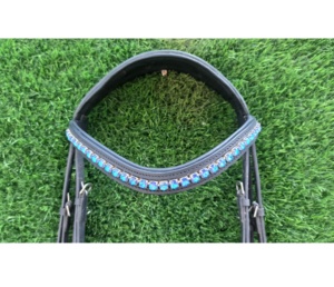 บังเหียนม้าหนังวัวแท้สีดำ/หนังวัวกระทิง พร้อมสายคาดศีรษะและสายบังเหียนประดับคริสตัลสีน้ำเงิน ผู้ผลิตขายดี - Product Image 5