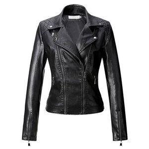 Blouson de motard en cuir véritable pour femme avec tissu en velours côtelé, motif uni, fermeture éclair - Léger et écologique, mode d'hiver - Product Image 1
