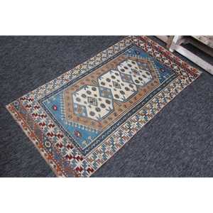 Alfombra Turca de 2.8x5.1 pies, Alfombra Herki Vintage, Alfombra Geométrica Azul de Lana - Product Image 2