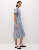 Vente à chaud à la mode Denim couleur unie manches bulle décontracté élégant robe trapèze