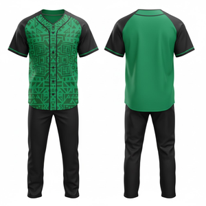 ชุดเบสบอลสีเขียวแบบสั่งทำพิเศษ: เสื้อเจอร์ซีย์คอวีลายเรขาคณิต และกางเกงทีมสีดำ - Product Image 1