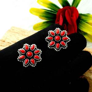 925 Sterling <b>Silver</b> Boho Stud <b>Earring</b> Natural Red Coral with Rose Gold Finish <b>Wedding</b> or Anniversary Gift for Her - Product Image 4