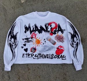 OEM Vintage Street Style DTG Impreso Térmico Manga larga OEM Camiseta tejida O-cuello Camiseta - Product Image 1