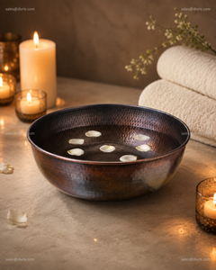 Bol à pédicure rond en cuivre martelé, finition antique, moderne, pour bain de pieds spa - Product Image 4