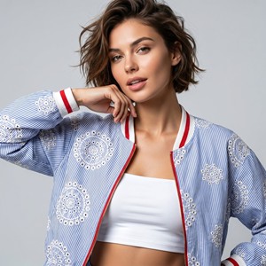 Giacca corta a righe con cerniera e pizzo inglese, vita con coulisse, taglia unica per taglie 36–42 - Product Image 3