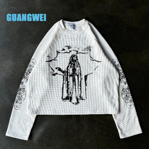 T-shirt Crop Boxy in Cotone Pesante con Stampa Digitale Grafica, Maniche Lunghe, Vestibilità Oversize e Spalle Cadenti, in Cotone Waffle - Product Image 1