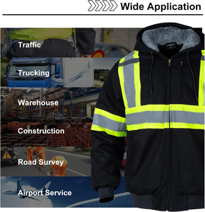 High Visibility Safety <b>Jacket</b> Hooded Winter Workwear Reflective Striped <b>Zip</b> <b>Up</b> <b>Jacket</b> Custom Logo Industrial Use - Product Image 5