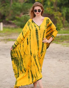 ชุดเดรสยาวผ้าคาฟตันสำหรับผู้หญิงใส่ไปทะเลคอวีย้อมสีสำหรับฤดูร้อน - Product Image 1