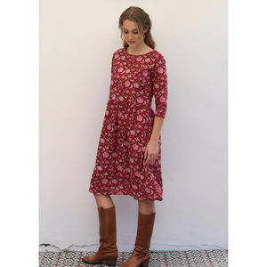 Briar <b>Dress</b> 100% Cotton Bohemian Cranberry Floral Print <b>Knee</b>-<b>Length</b> Washable for <b>Summer</b> Spring and Autumn - Product Image 3