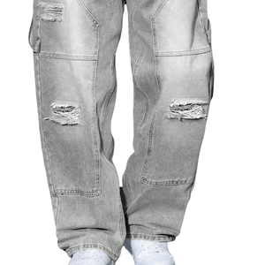 Mens Solid <b>Light</b> Grey Breathable Mid Carpenter Jeans Loose Fit Straight Leg Distressed Cargo Denim Pants Casual Streetwear - Product Image 5