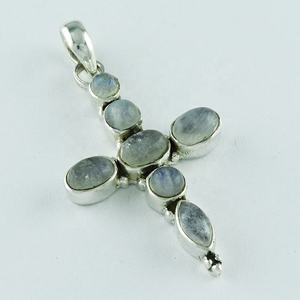Rainbow Moon Stone 925 <b>Sterling</b> <b>Silver</b> Pendant <b>Cross</b> Design Religious Style Charm Pendants From India - Product Image 2