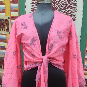 Top corto de seda de verano para mujer, diseño de abrigo corto, corbata frontal, tela suave, estampado Floral, ropa de día elegante, noche relajada - Product Image 1