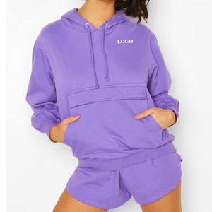 Sudadera con capucha y logotipo personalizado de 2 piezas para mujer al por mayor de la mejor calidad, Sudadera corta de algodón transpirable de manga larga con patrón sólido, estilo informal - Product Image 5
