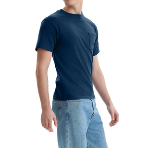 T-shirt pour homme à coupe classique bleu marine avec poche, style uni, col rond, manches courtes, 100% coton, t-shirt décontracté avec poche - Product Image 5